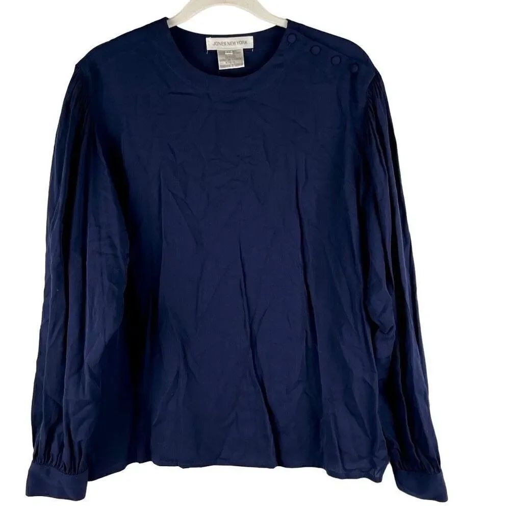 Jones New York Navy Blue Long Sleeve Button Shoulder Blouse 12